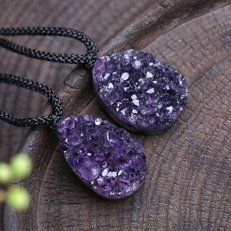 Textured Purple Crystal Cluster Teardrop Cord Necklace