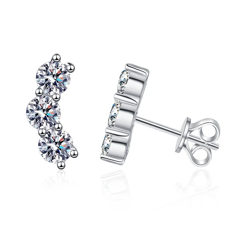 Curved 925 Sterling Silver Triple Round Moissanite Stud Earrings