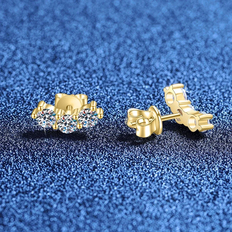 Curved 925 Sterling Silver Triple Round Moissanite Stud Earrings