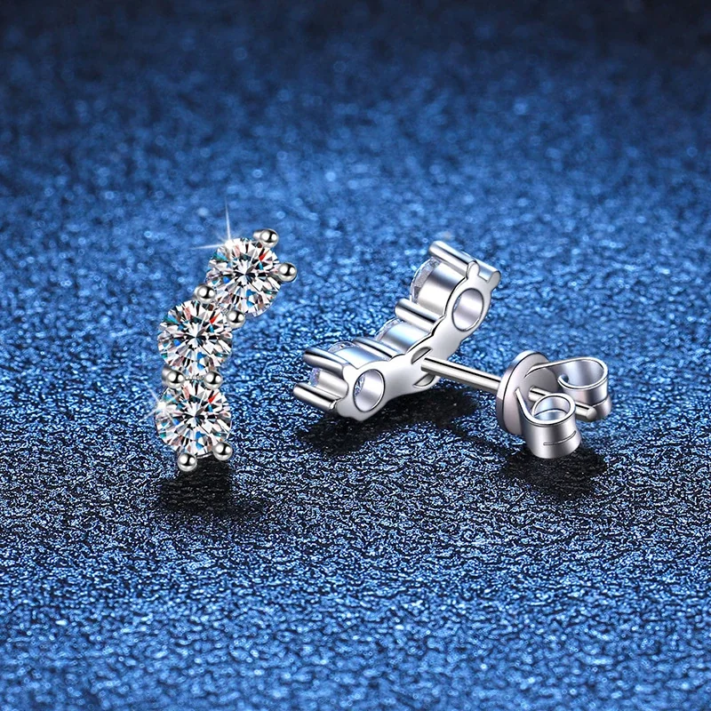 Curved 925 Sterling Silver Triple Round Moissanite Stud Earrings