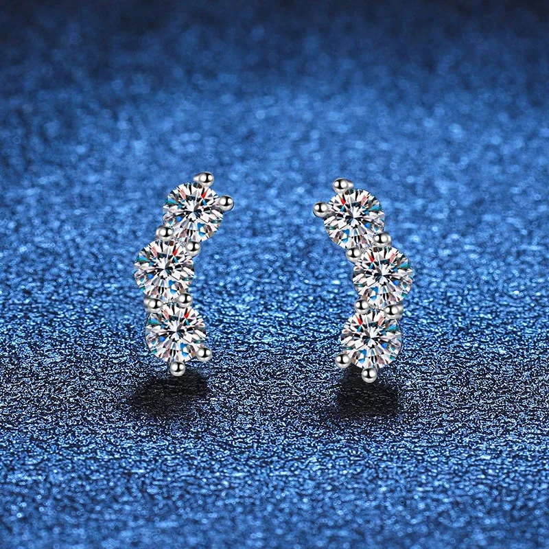 Curved 925 Sterling Silver Triple Round Moissanite Stud Earrings