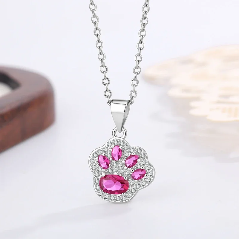 Playful Silver-Plated Copper Paw Pavé CZ Pendant Necklace - Silver Red CZ