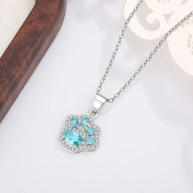 Playful Silver-Plated Copper Paw Pavé CZ Pendant Necklace - Silver Blue CZ