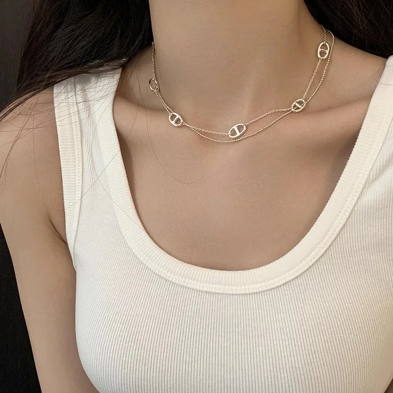 Geometric Oval-Link Double-Strand 925 Sterling Silver Necklace