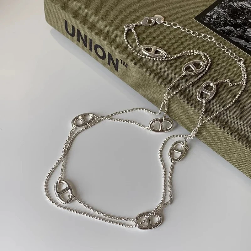 Geometric Oval-Link Double-Strand 925 Sterling Silver Necklace