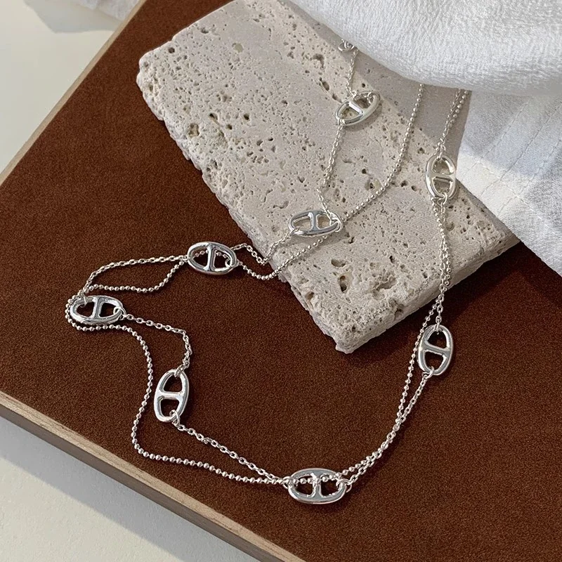 Geometric Oval-Link Double-Strand 925 Sterling Silver Necklace