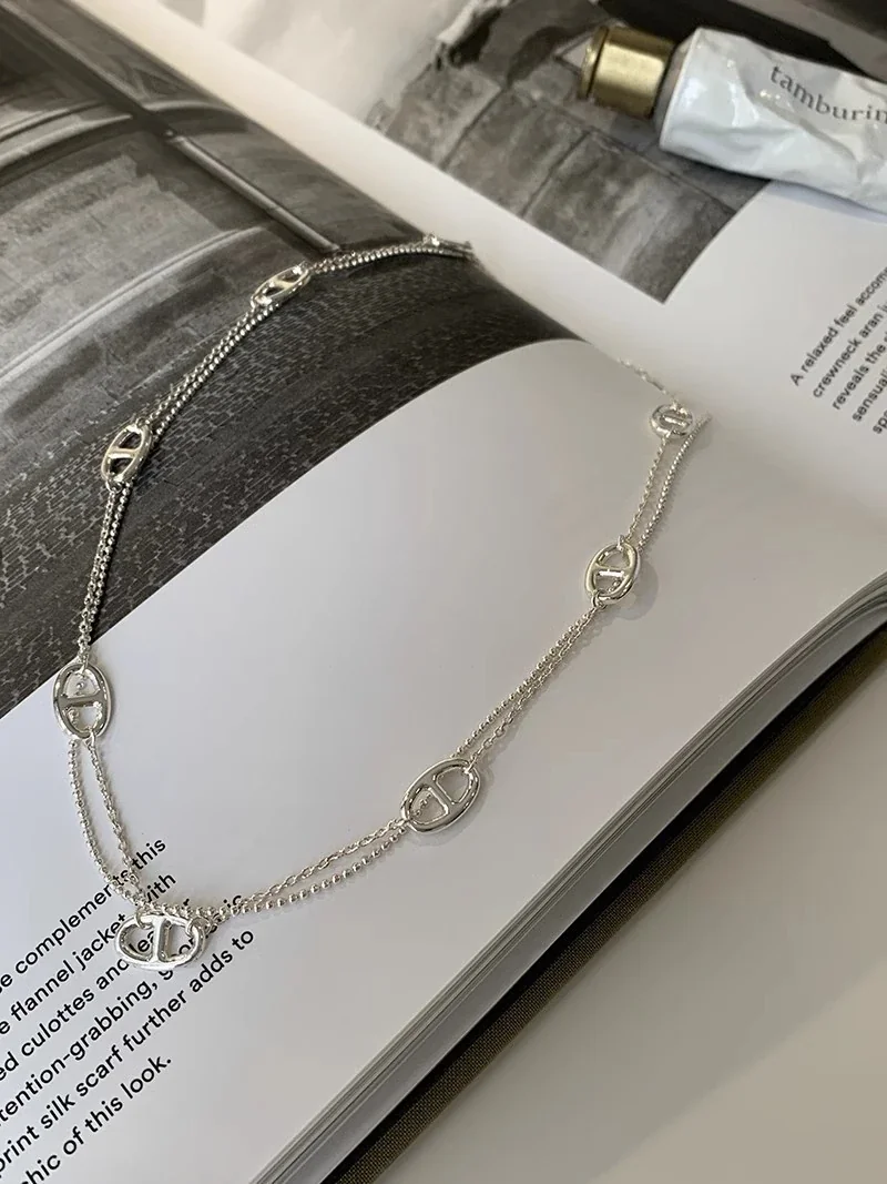Geometric Oval-Link Double-Strand 925 Sterling Silver Necklace - Silver