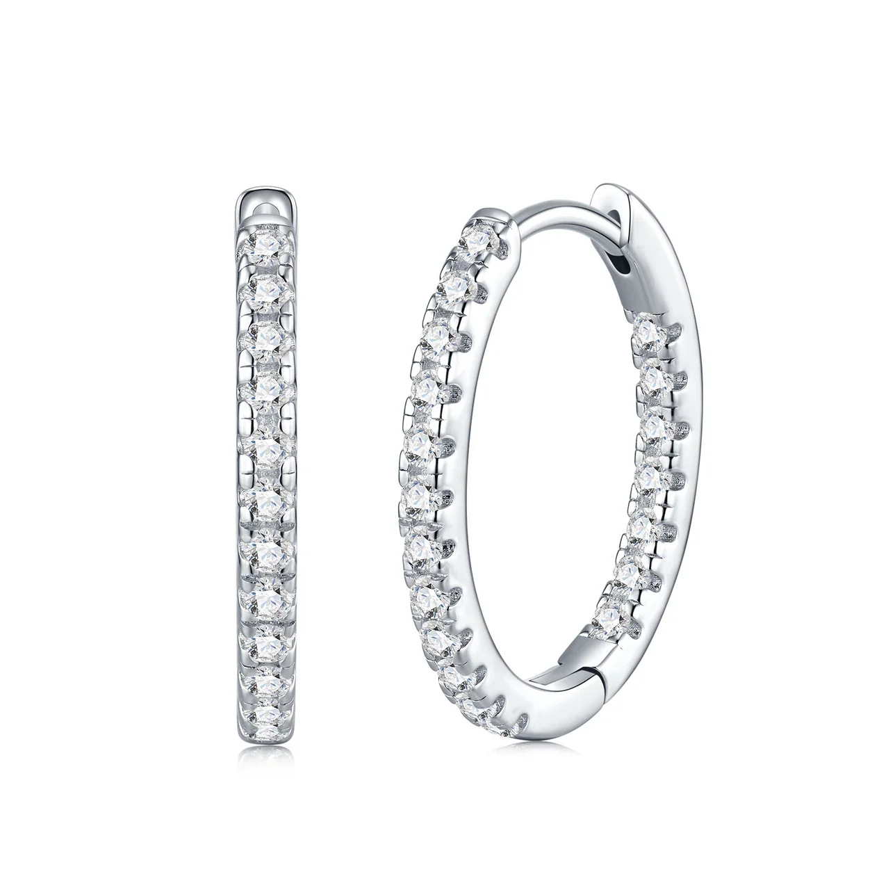 Polished 925 Sterling Silver Pavé Crystal Hinged Hoop Earrings