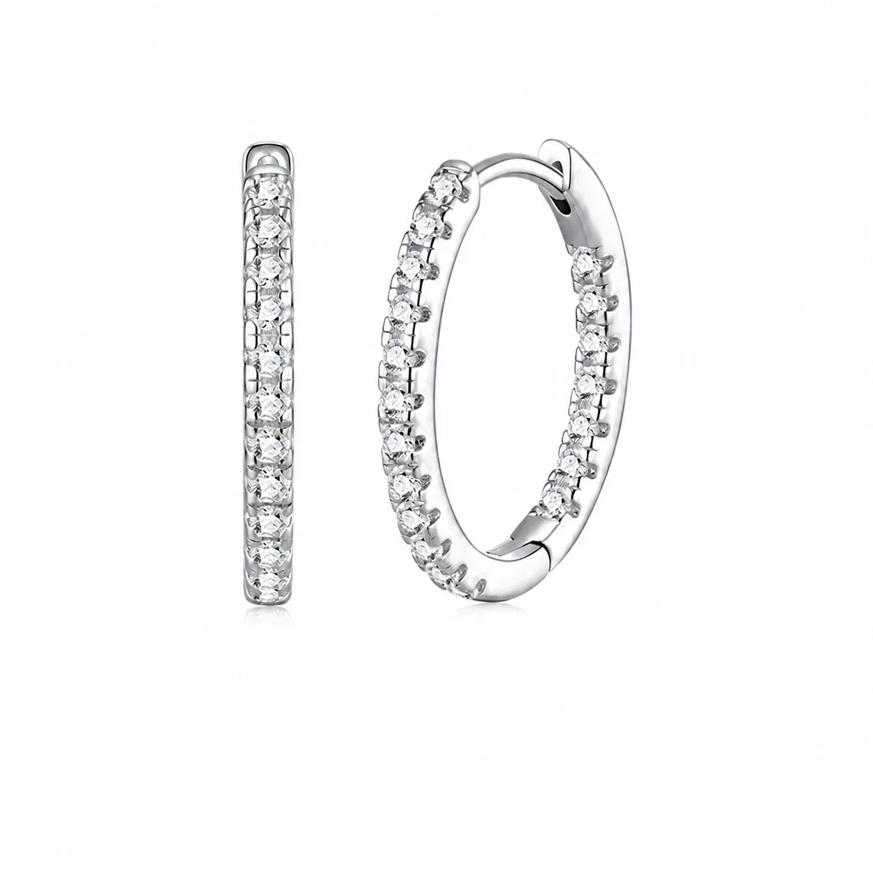 Polished 925 Sterling Silver Pavé Crystal Hinged Hoop Earrings