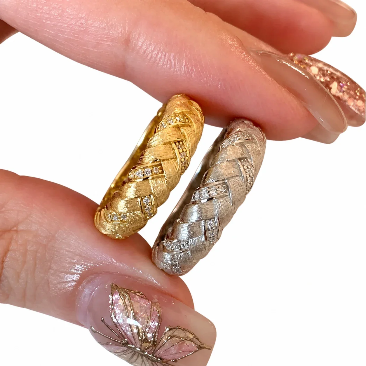 Textured Copper Braided Wheat Pavé Adjustable Ring