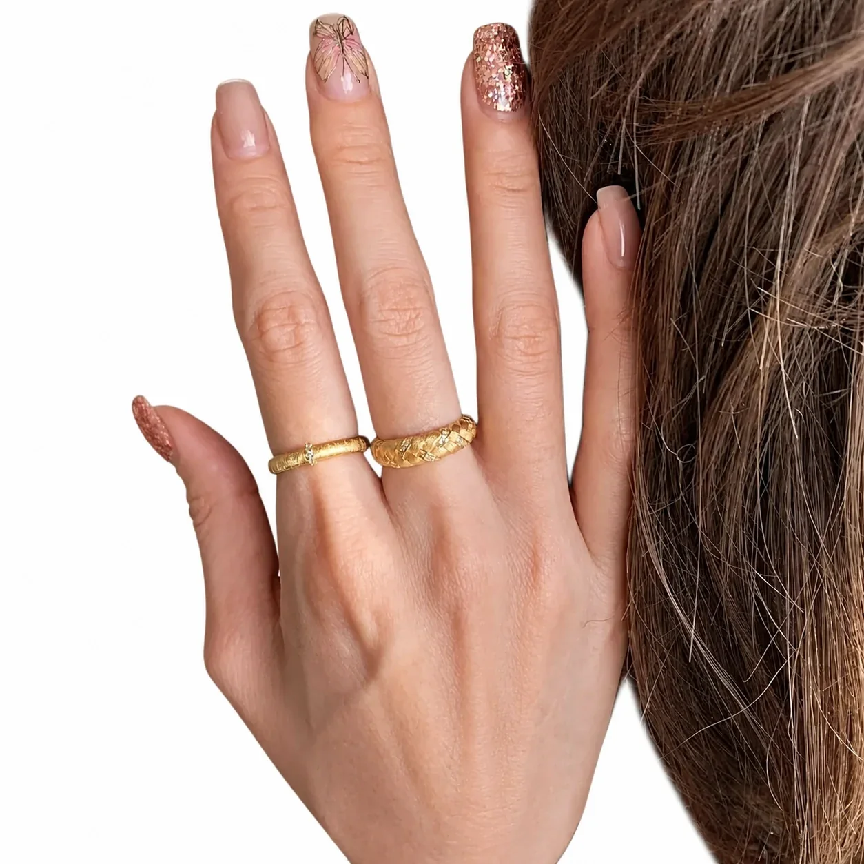 Textured Copper Braided Wheat Pavé Adjustable Ring