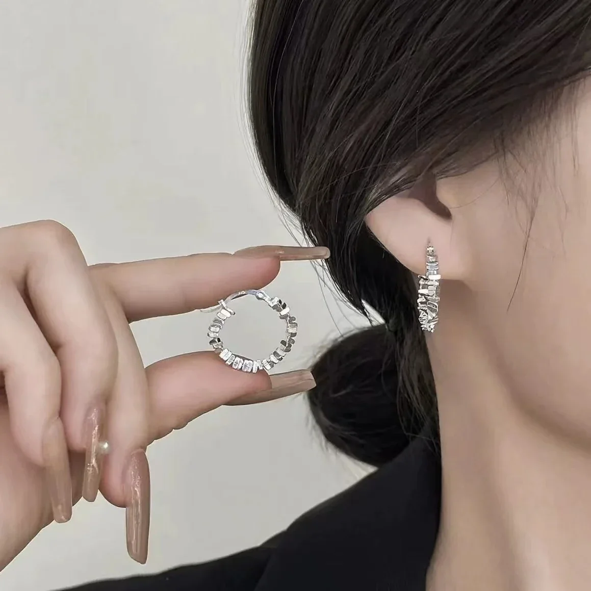 Sculptural 925 Sterling Silver Irregular Bead Hoop Earrings