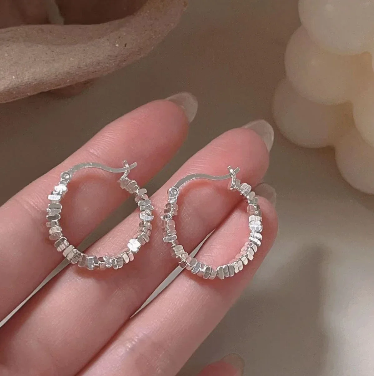 Sculptural 925 Sterling Silver Irregular Bead Hoop Earrings