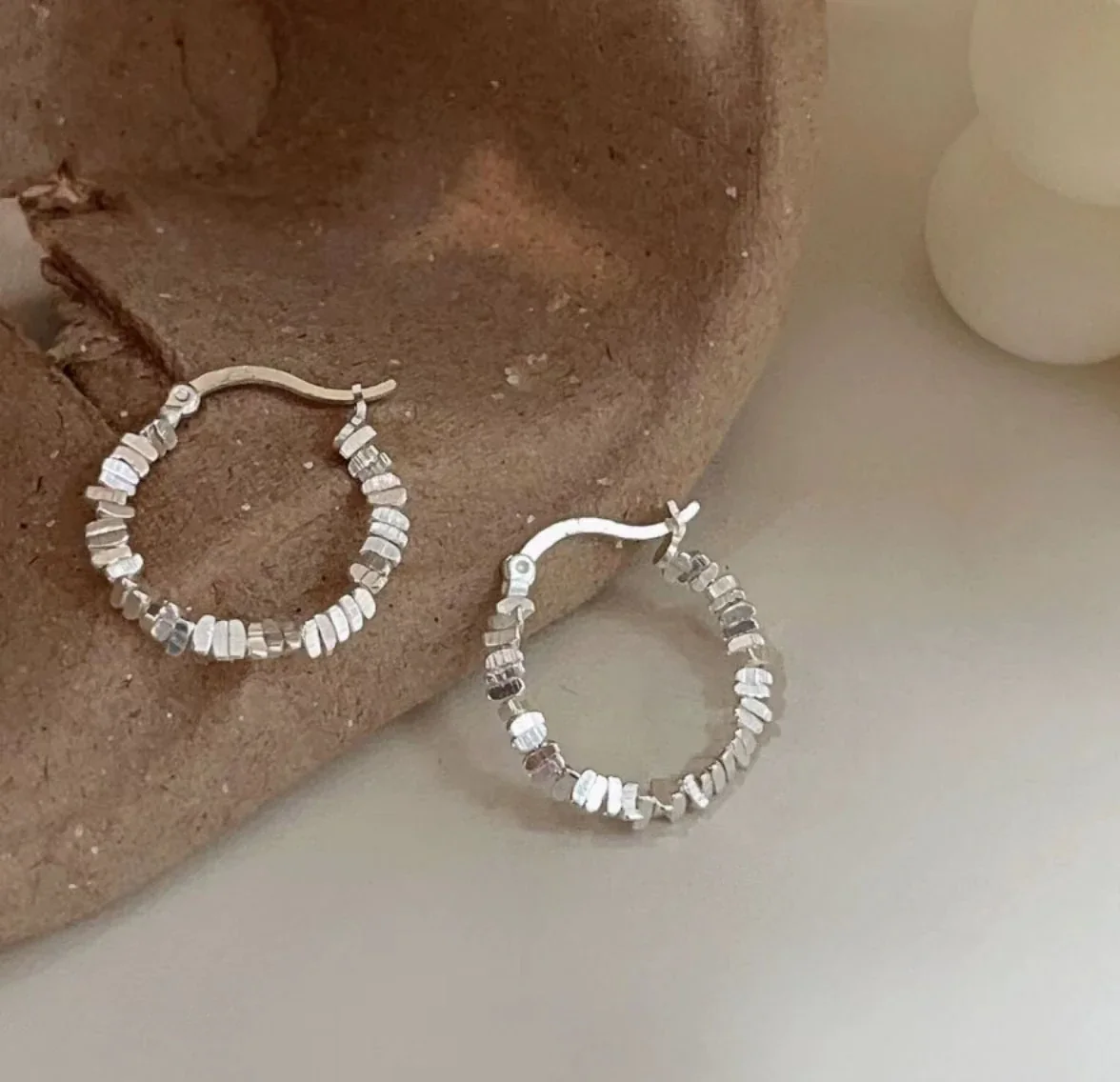 Sculptural 925 Sterling Silver Irregular Bead Hoop Earrings