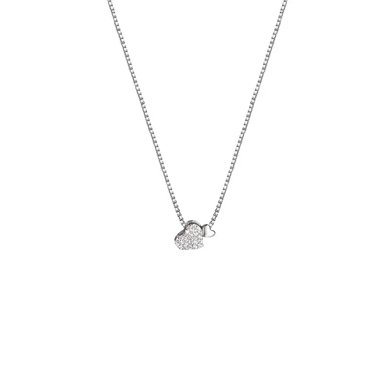 Pavé Double-Heart 925 Sterling Silver Pendant Necklace - Silver