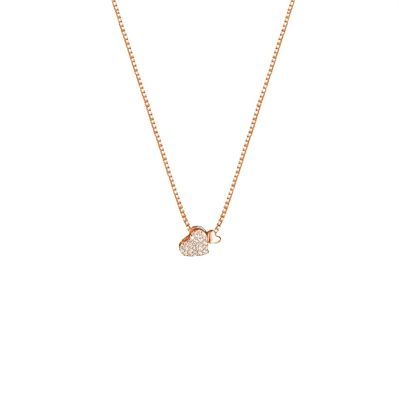 Pavé Double-Heart 925 Sterling Silver Pendant Necklace - Rose Gold Tone