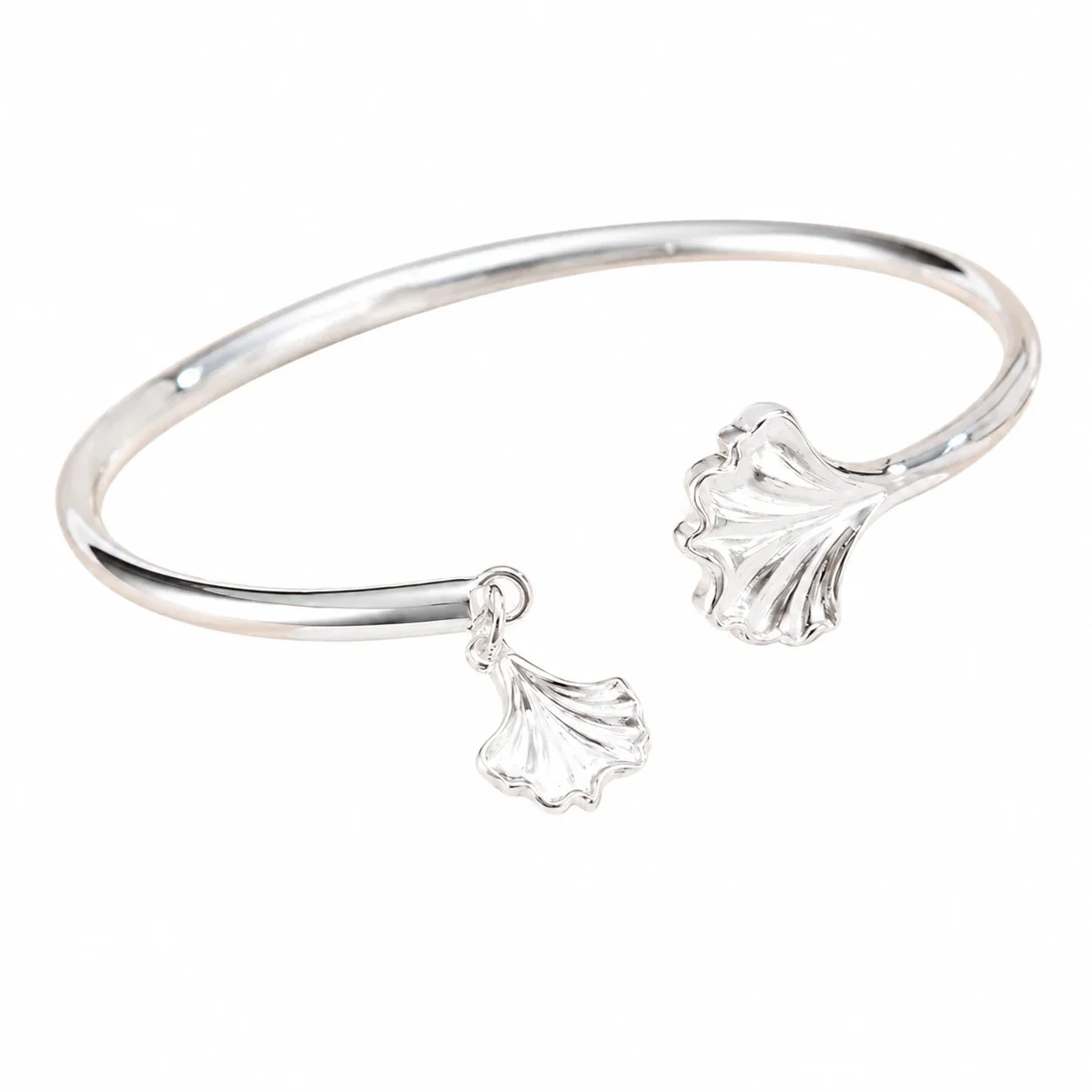 Botanical Brass Silver-Plated Ginkgo Leaf Dangle Open Bangle