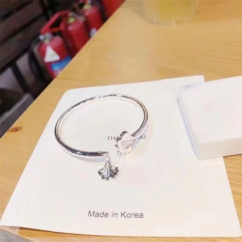 Botanical Brass Silver-Plated Ginkgo Leaf Dangle Open Bangle
