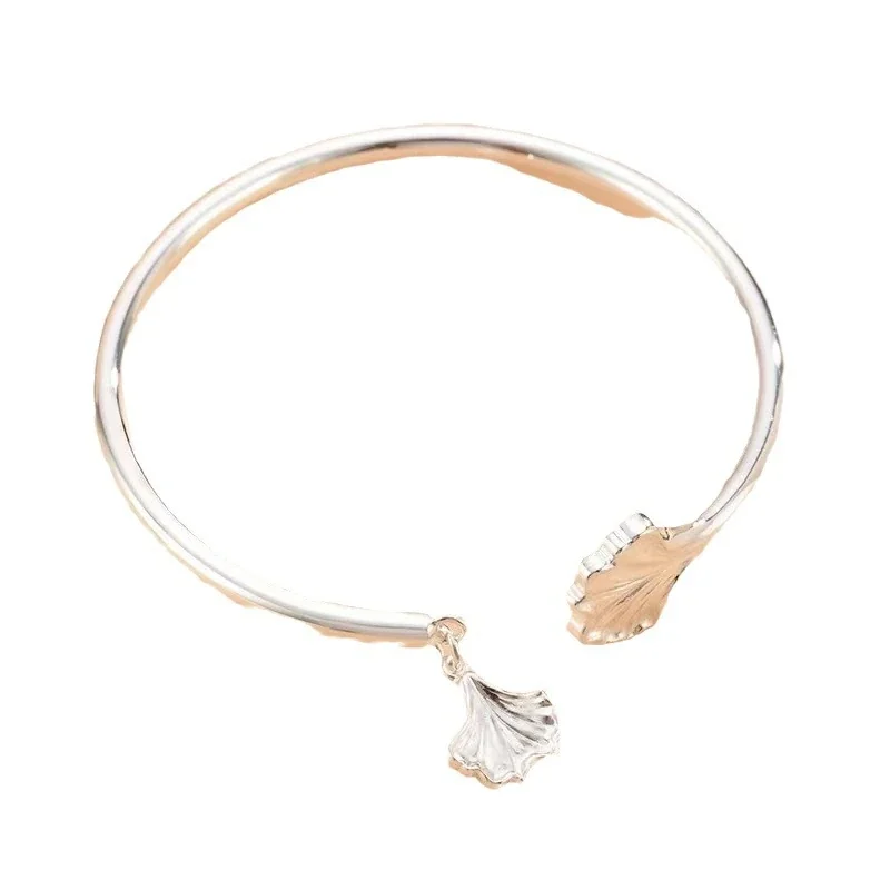 Botanical Brass Silver-Plated Ginkgo Leaf Dangle Open Bangle