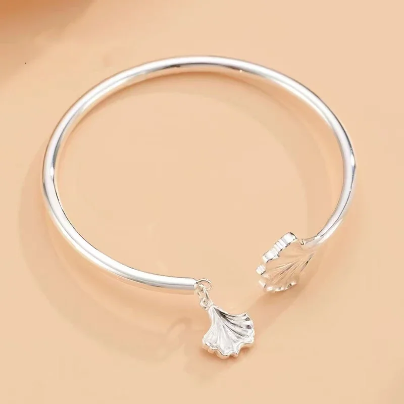 Botanical Brass Silver-Plated Ginkgo Leaf Dangle Open Bangle - Silver