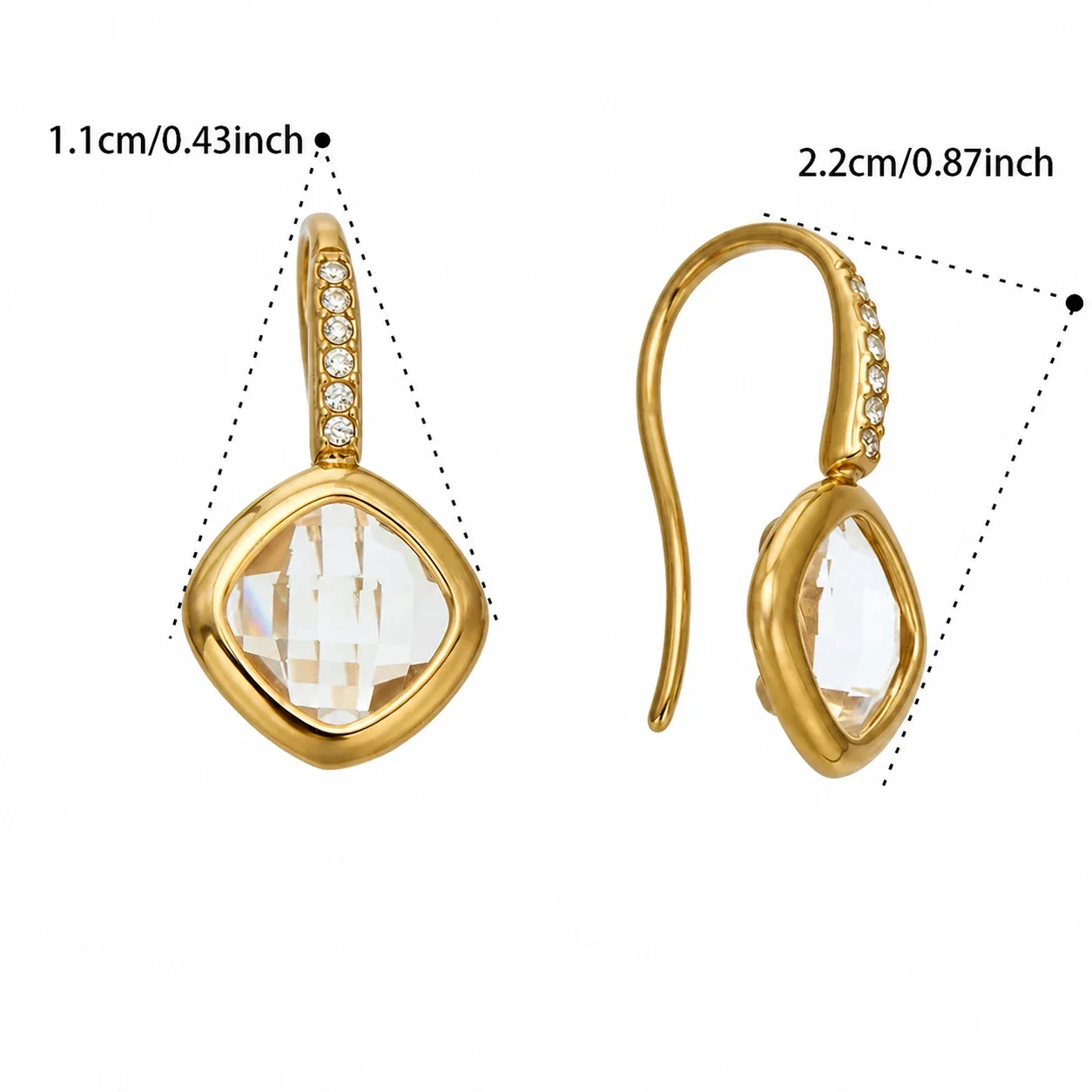 Luminous Gold-Plated Cushion Glass Pavé Hook Drop Earrings - Gold White Glass