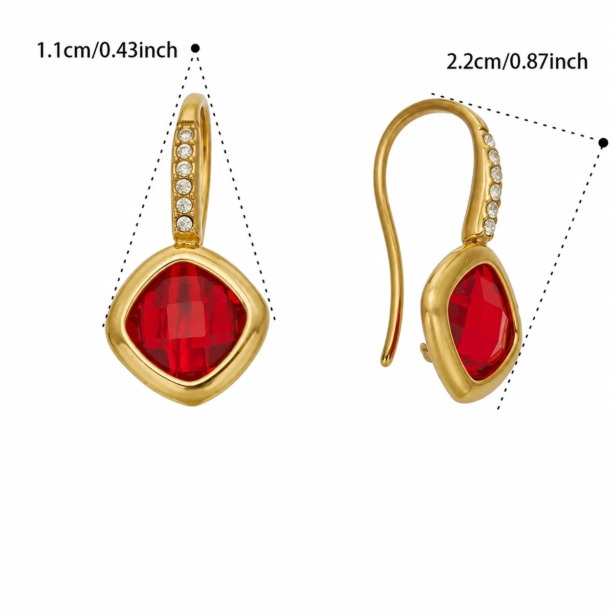 Luminous Gold-Plated Cushion Glass Pavé Hook Drop Earrings - Gold Red Glass
