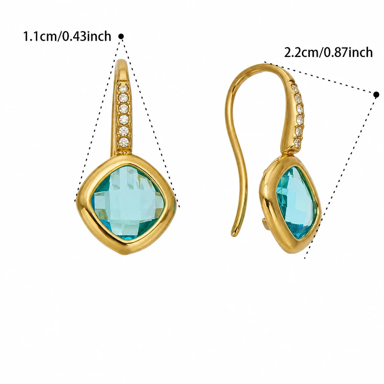Luminous Gold-Plated Cushion Glass Pavé Hook Drop Earrings - Gold Blue Glass