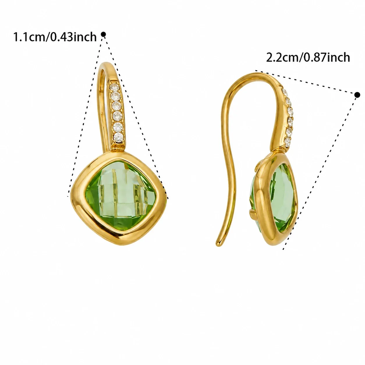Luminous Gold-Plated Cushion Glass Pavé Hook Drop Earrings - Gold Green Glass