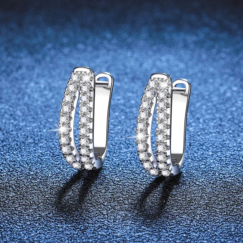 Twin-Row 925 Sterling Silver Pavé Moissanite Hoop Earrings