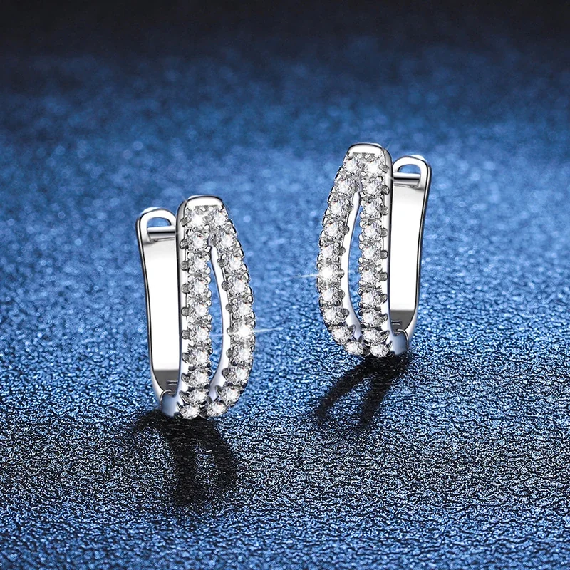 Twin-Row 925 Sterling Silver Pavé Moissanite Hoop Earrings