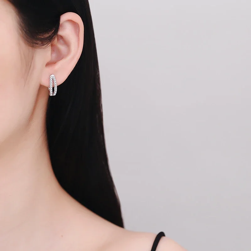 Twin-Row 925 Sterling Silver Pavé Moissanite Hoop Earrings