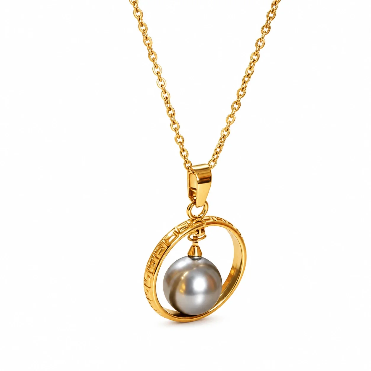 Greek Key 18K Gold-Plated Stainless Steel Circle Bead Pendant Necklace