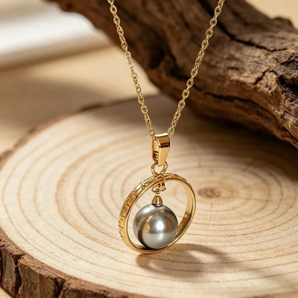 Greek Key 18K Gold-Plated Stainless Steel Circle Bead Pendant Necklace - Brown