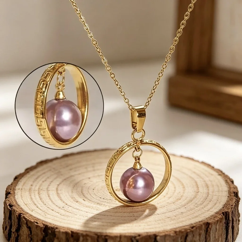 Greek Key 18K Gold-Plated Stainless Steel Circle Bead Pendant Necklace - Pink Purple