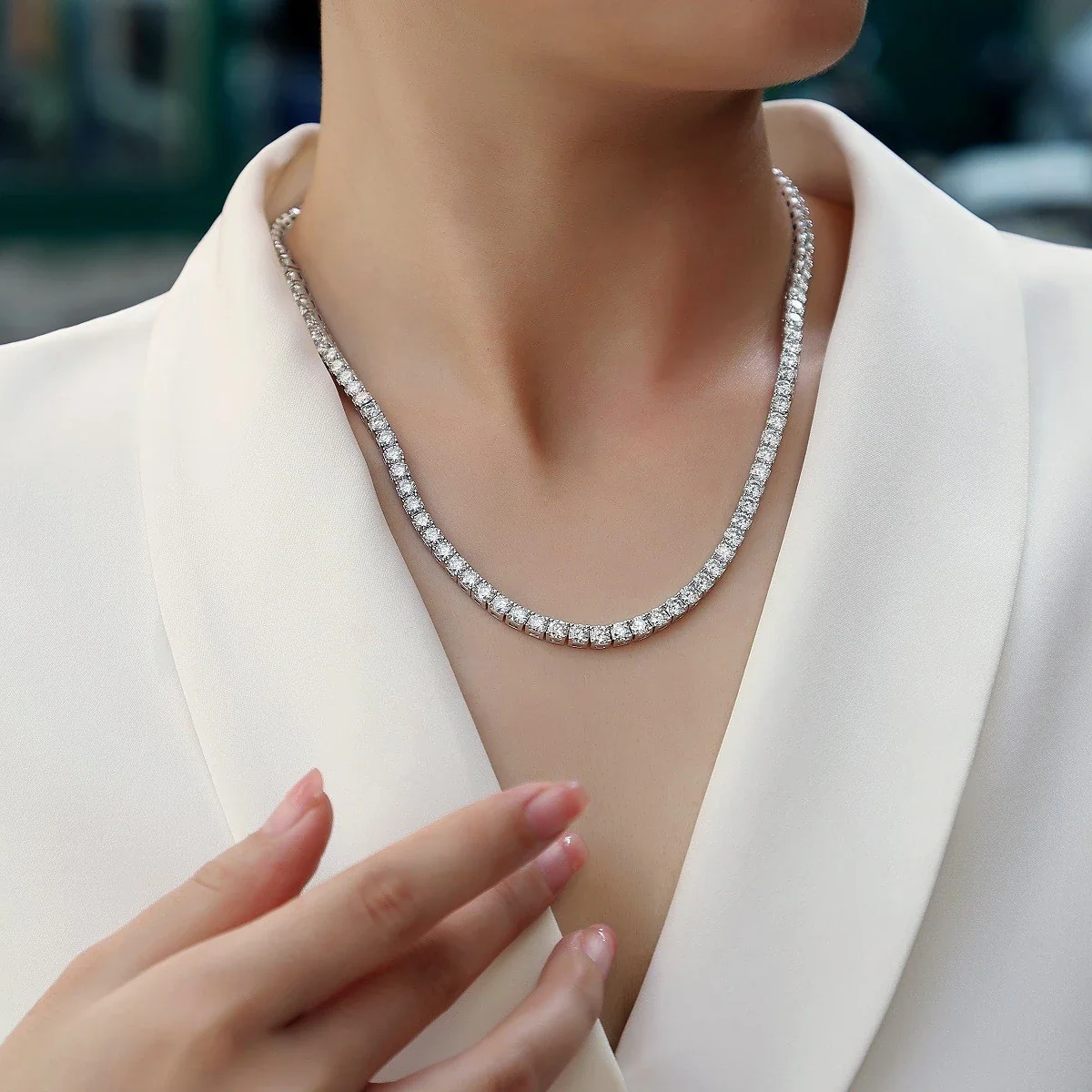 Radiant 925 Sterling Silver Round Prong-Set Tennis Necklace