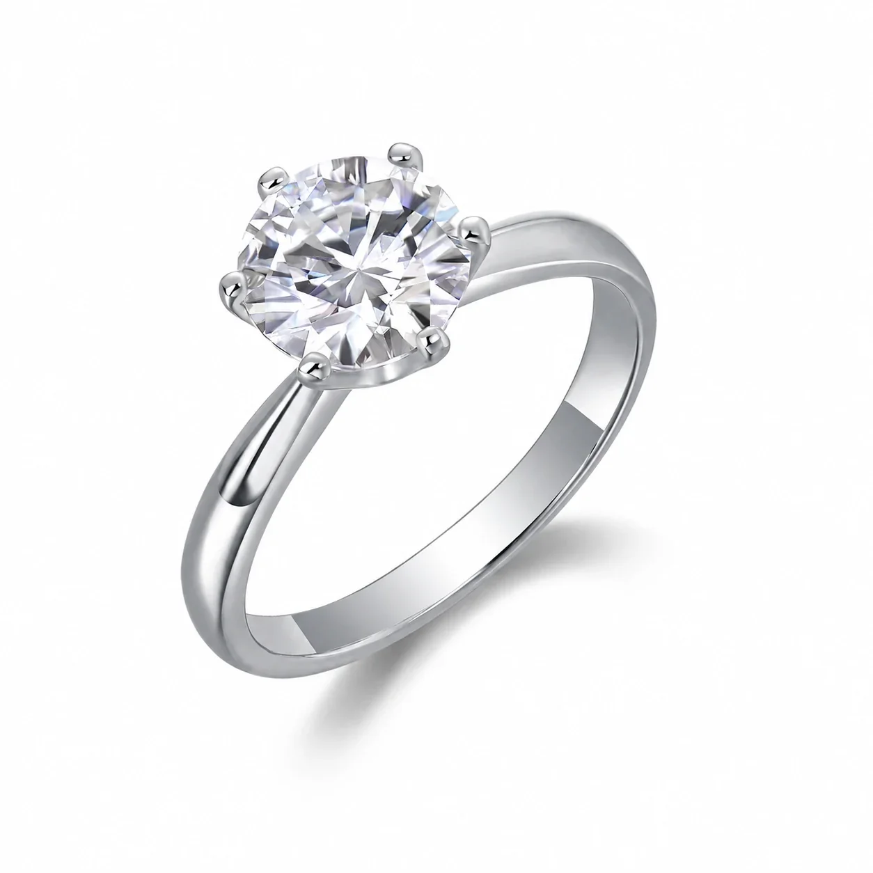 Refined 925 Sterling Silver Round Six-Prong Solitaire Ring