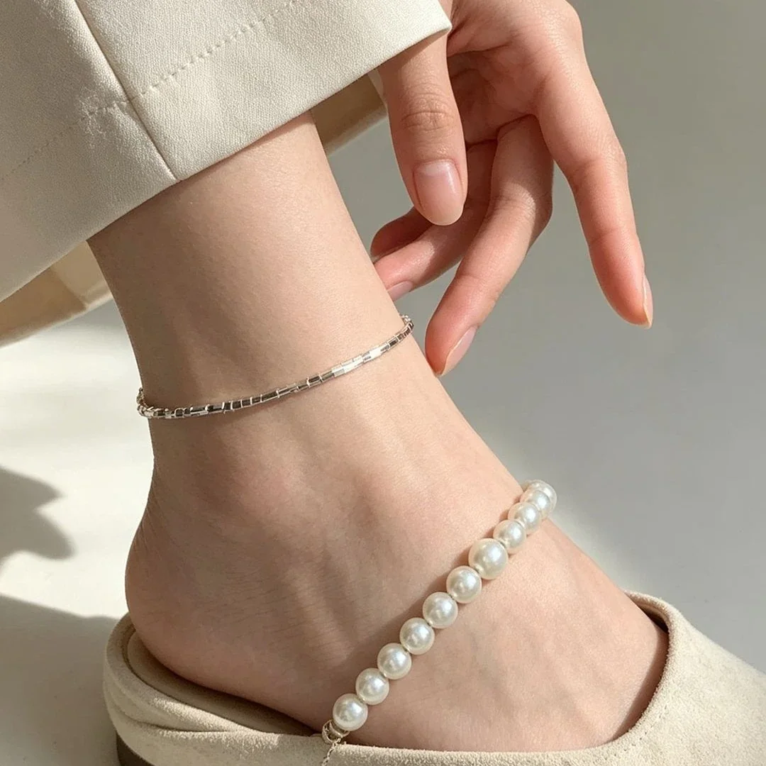 Minimal 925 Sterling Silver Square-Bead Box Chain Anklet