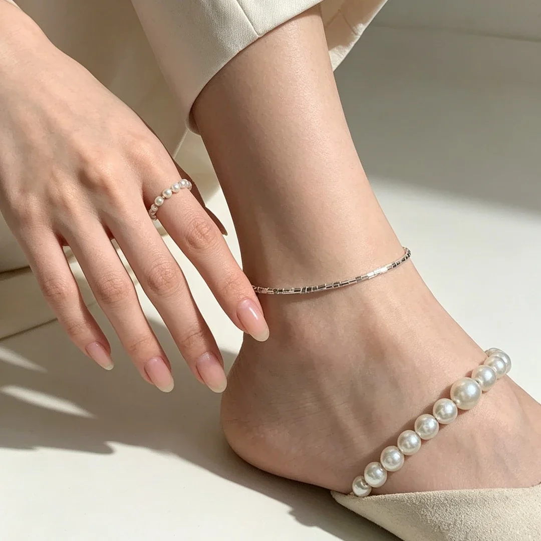 Minimal 925 Sterling Silver Square-Bead Box Chain Anklet
