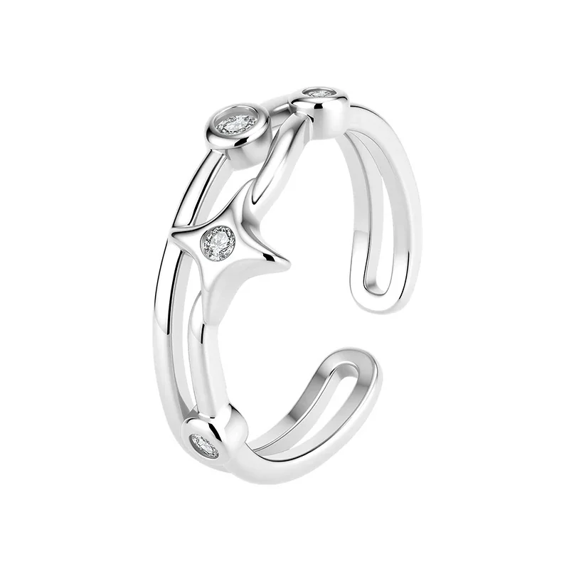 Luminous Silver-Plated Star Motif Split-Band Copper Ring
