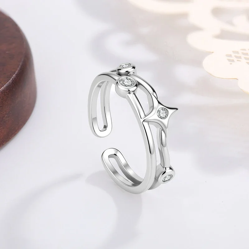 Luminous Silver-Plated Star Motif Split-Band Copper Ring