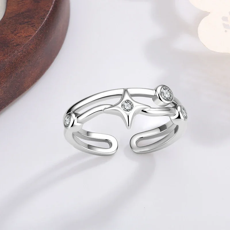 Luminous Silver-Plated Star Motif Split-Band Copper Ring