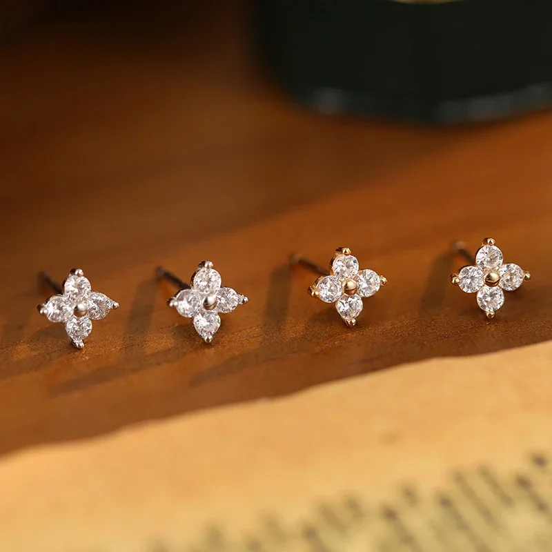 Four-Petal 925 Sterling Silver Clear Stone Stud Earrings