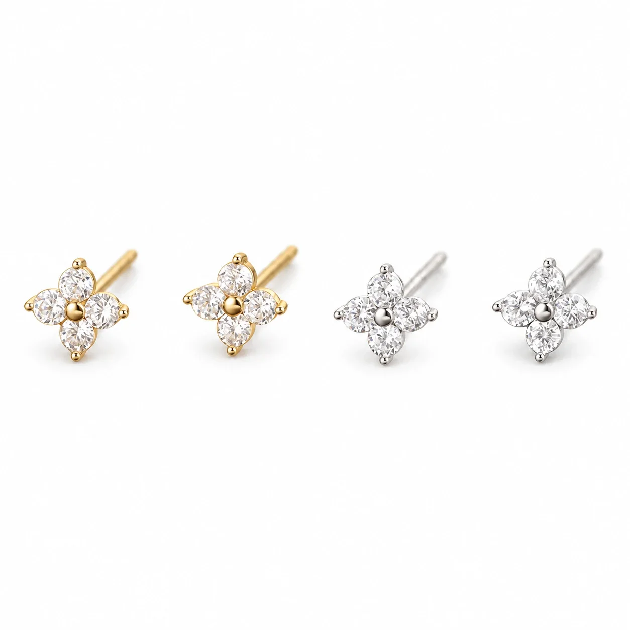 Four-Petal 925 Sterling Silver Clear Stone Stud Earrings