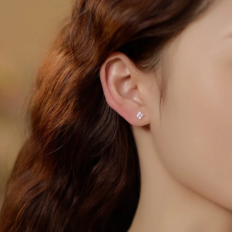 Four-Petal 925 Sterling Silver Clear Stone Stud Earrings