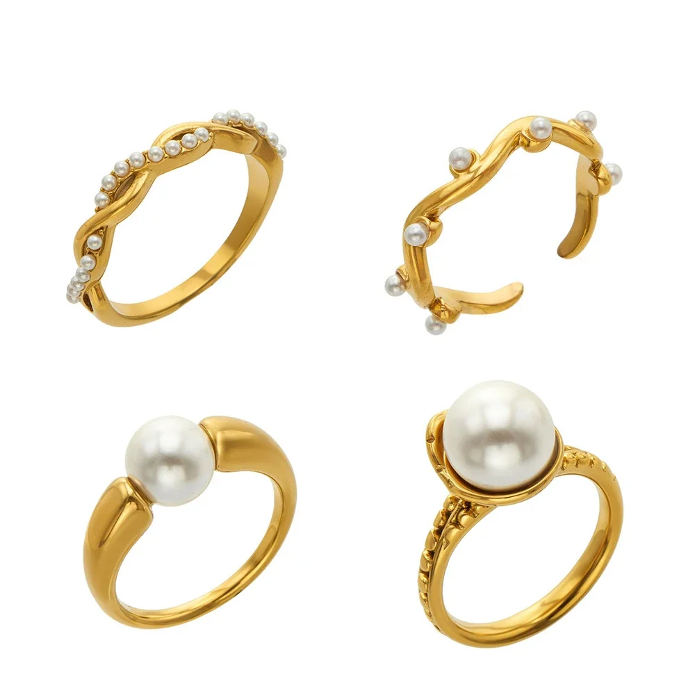 Sculptural Pearl-Effect Wave Gold-Plated Stainless Steel Ring
