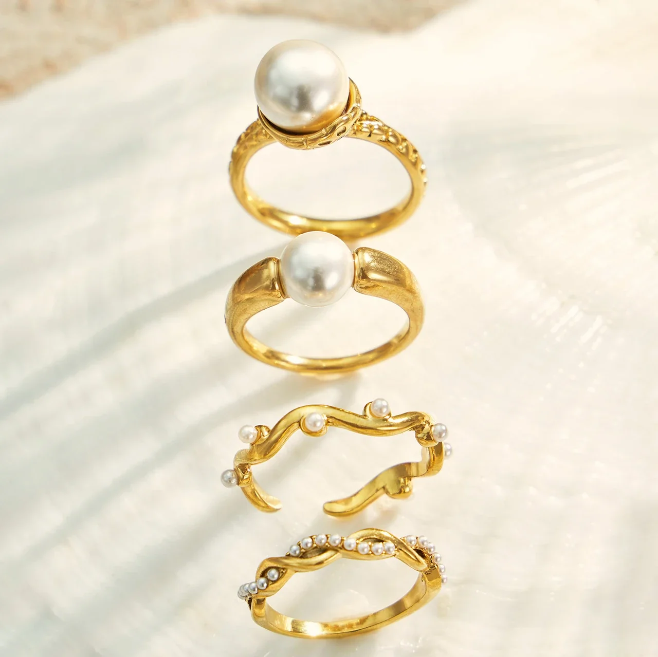Sculptural Pearl-Effect Wave Gold-Plated Stainless Steel Ring