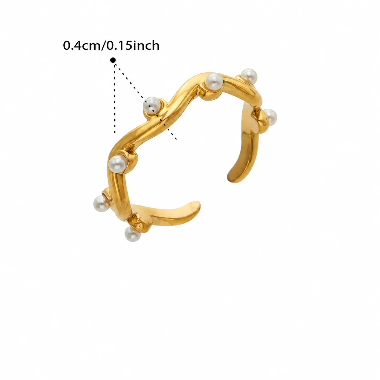 Sculptural Pearl-Effect Wave Gold-Plated Stainless Steel Ring - Gold Pearl Open Wave