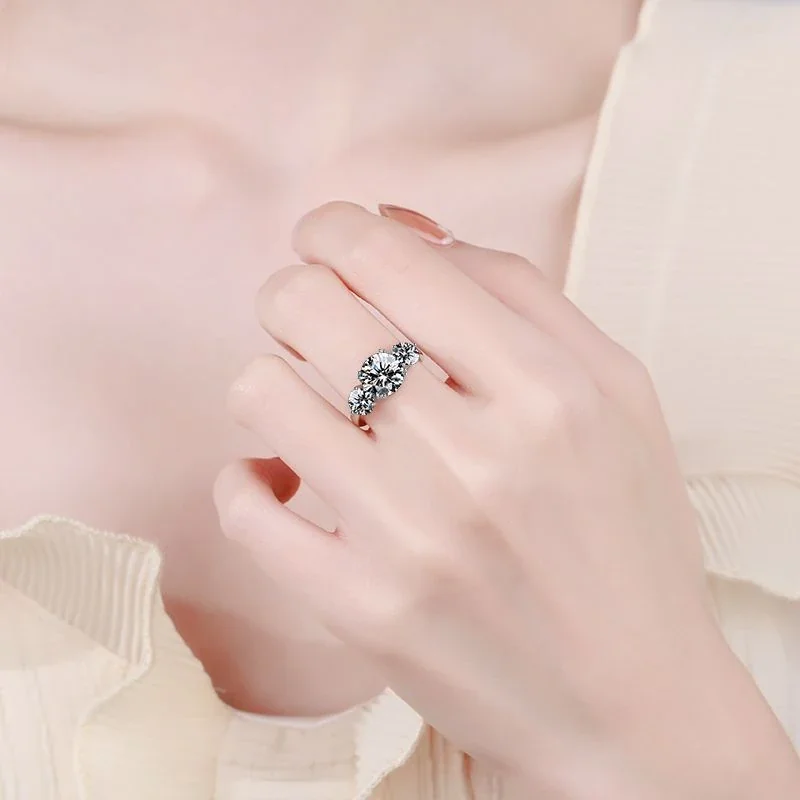 Radiant Three-Stone 925 Sterling Silver Round Prong Ring