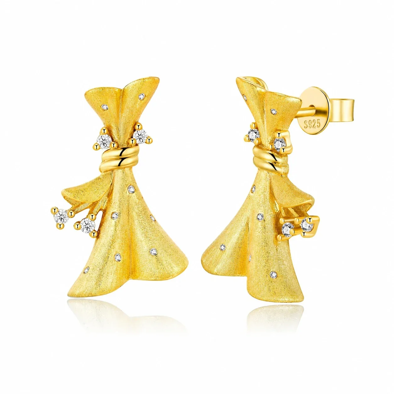 Sculptural Gold-Plated Bow Dress 925 Sterling Silver Moissanite Stud Earrings