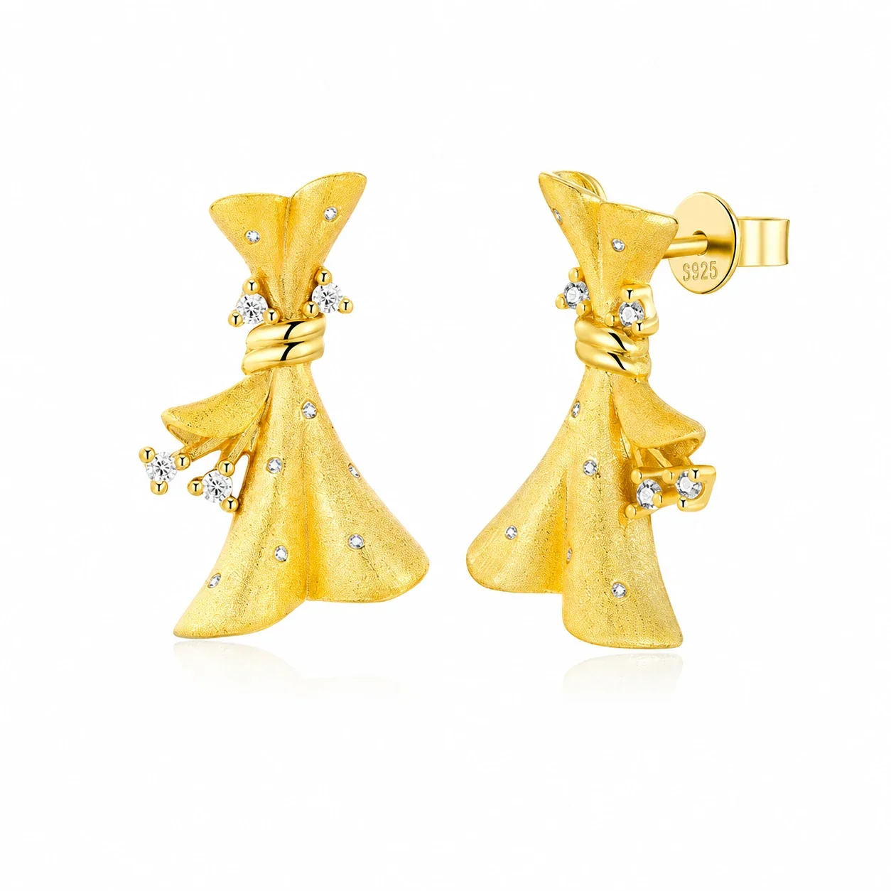 Sculptural Gold-Plated Bow Dress 925 Sterling Silver Stud Earrings